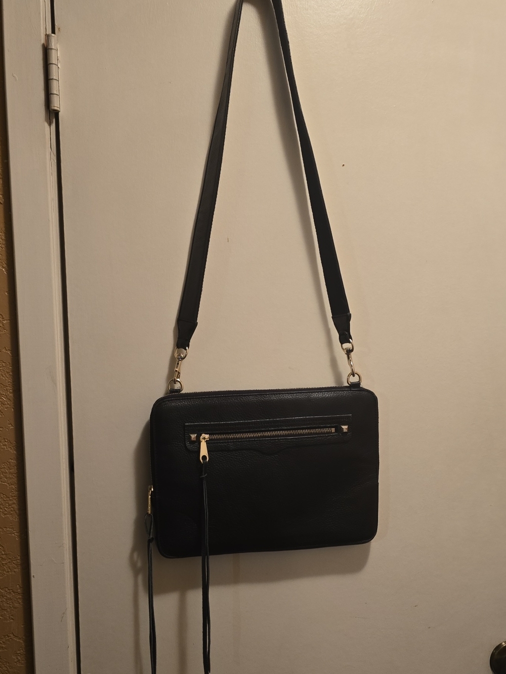 Rebecca Minkoff Black Leather Computer Crossbody with Gold Accents